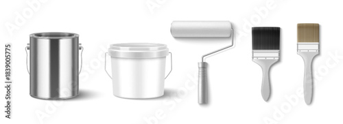 Paint bucket mockup set with realistic metal can, white plastic container, roller and brushes. 3D painting tools - steel tin with lid, wall roller and paintbrushes for home improvement and repair.