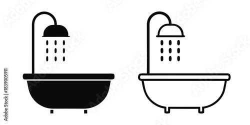 Bathtub silhouette vector, Bathtub icon, Bathtub with shower head icon vector