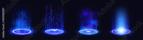 Magic portal podium with neon light rings and hologram effect on dark background. Futuristic teleport with blue glow and energy beams. Digital magic circle with radiant aura and cyber tech design.