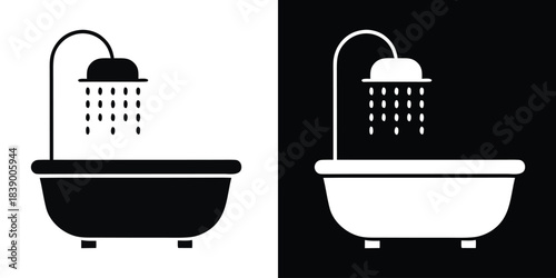 Bathtub silhouette vector, Bathtub icon, Bathtub with shower head icon vector