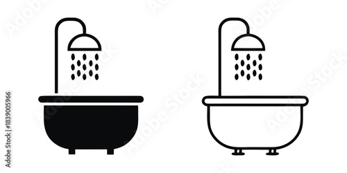 Bathtub silhouette vector, Bathtub icon, Bathtub with shower head icon vector