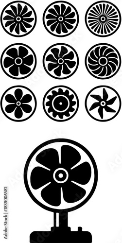 Electric desk fan and different blade propeller icons set