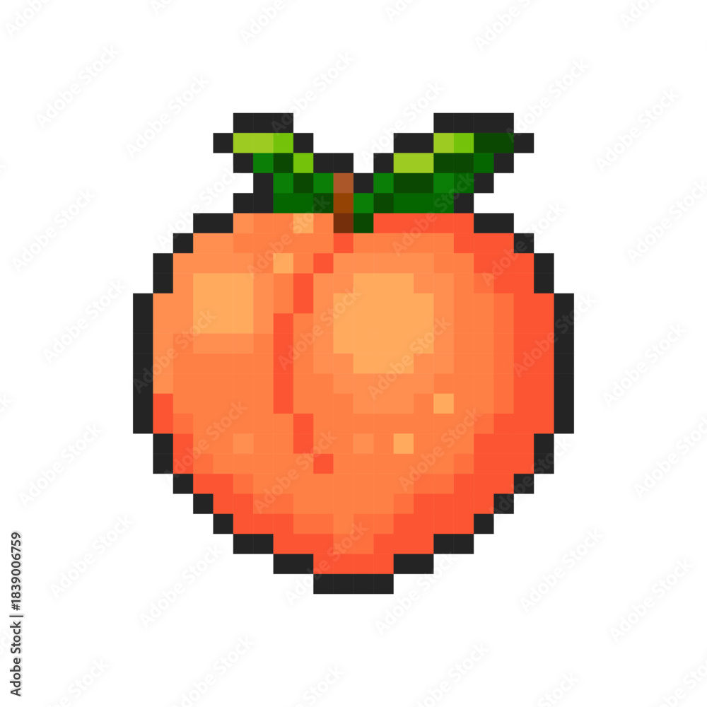 Fototapeta premium Pixel peach isolated on transparent background. Pixelated badge, game asset or computer arcade item. Fruit icon. Vector pixel art food illustration in 16 bit old style.