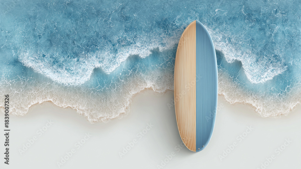 Obraz premium Surfboard resting on a sandy beach near ocean waves