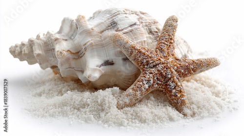 Shell and starfish on white sand by the beach