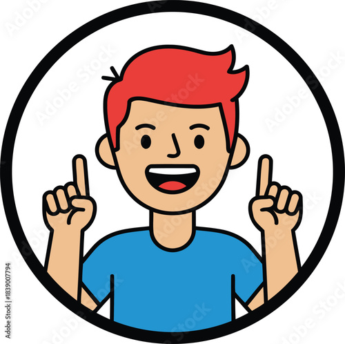 Happy animated young man points both index fingers upward with a big smile expressing a eureka moment