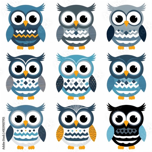 Wallpaper Mural Nine decorative owls in various designs and colors, perfect for crafts and decoration Torontodigital.ca
