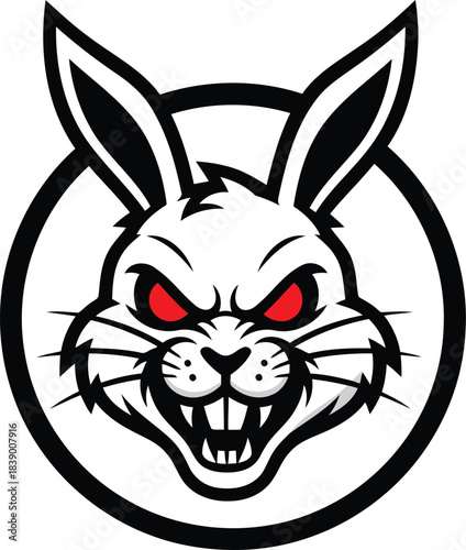 A fierce aggressive cartoon rabbit mascot with sharp bared teeth and intense red eyes radiates danger.