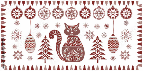 Merry Christmas and New Year greeting card vector illustration with cute cat, festive tree, ornaments, and snowflakes
