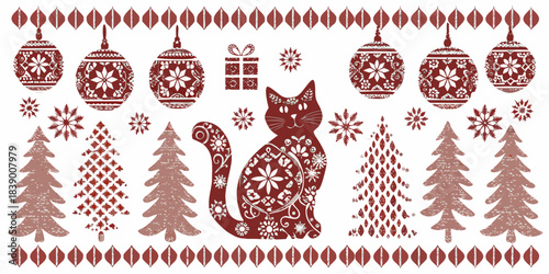 Cute cartoon cat and tree Christmas card vector set