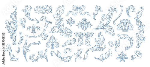 Vintage Baroque acanthus leaf elements set. Whimsical, swirl, filigree floral design elements for Victorian classic frames, borders, corners, patterns, wedding invitations, card decorations, diplomas.