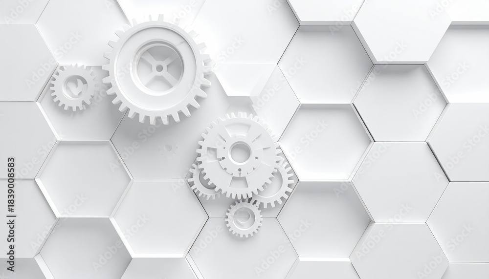 custom made wallpaper toronto digitalWhite gears superimposed over a honeycomb-like hexagonal pattern, creating a 3D effect