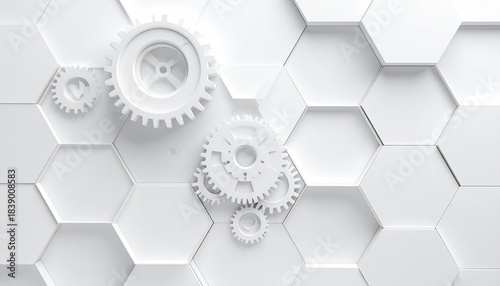 Wallpaper Mural White gears superimposed over a honeycomb-like hexagonal pattern, creating a 3D effect Torontodigital.ca