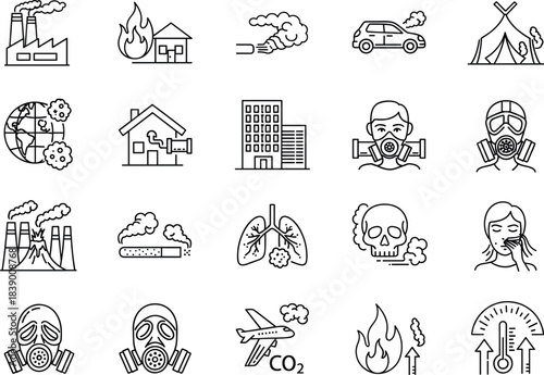 Environmental Pollution Line Art Vector Icon Set Featuring Air Quality, Global Warming, Factory Smoke, Carbon Emissions, and Health Hazard Graphics