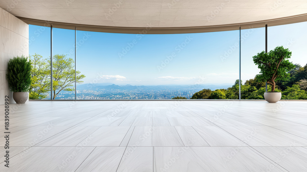 Fototapeta premium Spacious modern room with panoramic city and mountain view, serene and airy feel