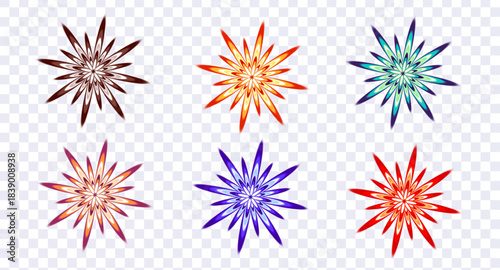 Bright, sparkling multicolored stars and lights with rainbow color transitions on a transparent background. Vector illustration.