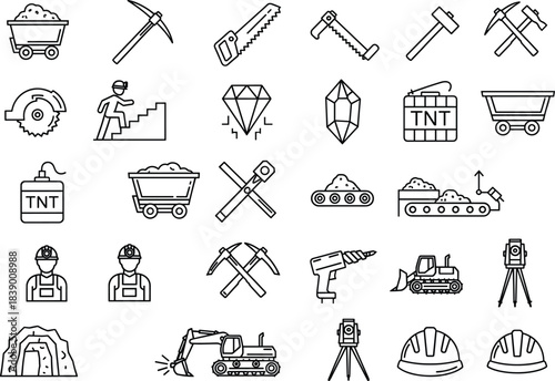 Mining and Construction Line Art Vector Icon Set Featuring Worker Equipment, Geology, Earthworks, Tools, Diamond Gems, and Extraction Industry Graphics