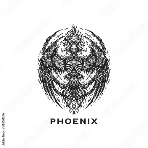Surreal illustration depicting the Phoenix, the mythical bird of rebirth, in a dark, skeletal form
