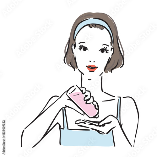 ボブヘアの可愛い女性上半身スキンケア