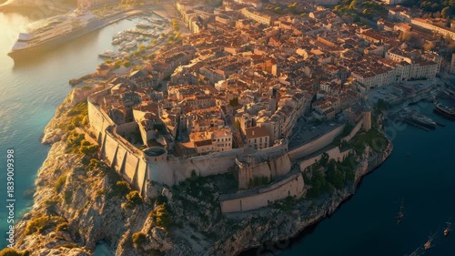 Stunning aerial view of Marseille showcasing vibrant city life and historic architecture on a sunny morning, Aerial view of Marseille in France on a sunny morning in early spring
