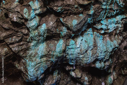 View of blue fluid copper deposits, a mineral-rich hydrothermal fluid that formed the copper, lead, and zinc deposits