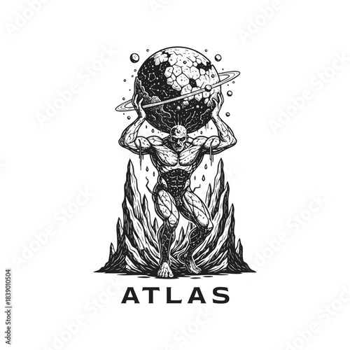 Surreal illustration depicting Atlas, the Titan condemned to hold up the celestial spheres. The figure is shown as a grim, muscular, and partially skeletal giant