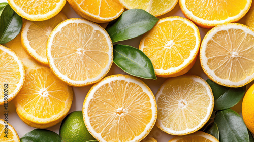 Fresh citrus slices with green leaves arranged in bright pattern, vivid color
