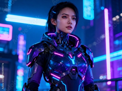 Close-up Portrait of a Beautiful Asian Woman with Neon Cybernetic Augmentation in a Night City