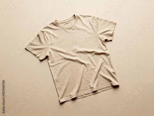 Blank Plain Beige T-Shirt Mockup Template Lying Flat on a Light Brown Background with Copy Space. Minimalist Apparel Design