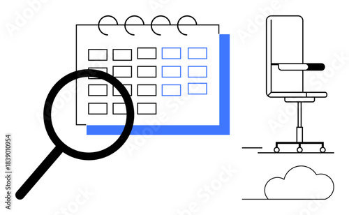 Productivity, task management, organization, time management, scheduling, office workflow. A magnifying glass examines a calendar, with an office chair in the background. Productivity and task