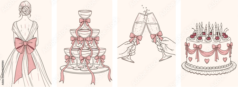 Fototapeta premium Elegant hand-drawn illustration set for wedding celebrations, featuring a bride's gown with a delicate pink bow, a luxurious tiered cake, and festive clinking champagne glasses, all conveying romance 
