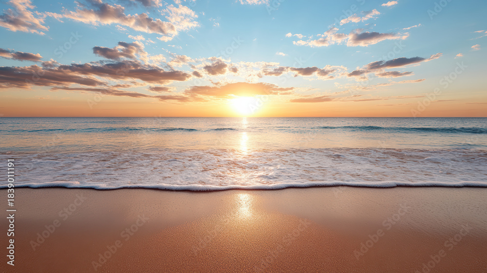 Fototapeta premium Peaceful shimmering waves at sunset warm golden beach horizon glow