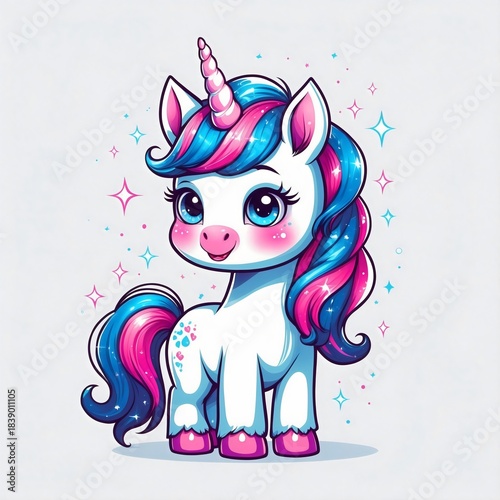 A cute and adorable cartoon unicorn illustration. A magical creature with a spiraled horn, beautiful hair, and a delightful smile, set against a backdrop of sparkling stars. 