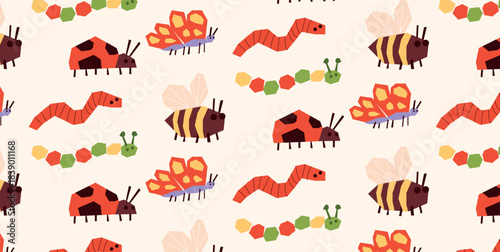Childlike Colourful Insects with Butterfly, Caterpillar, Bee, Beetle and Worm form a seamless playful pattern. Geometric Childish Bug Cartoon elements repeat in bright rhythm. Flat Vector Illustration