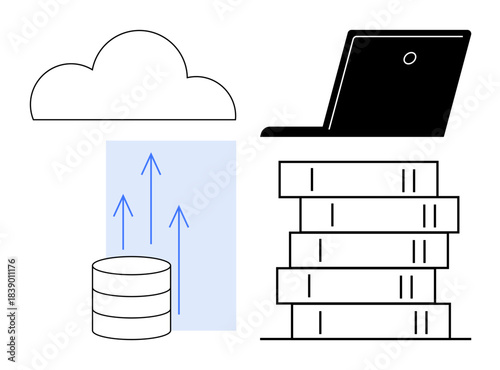 Cloud computing, data storage, file sharing, digital technology, IT infrastructure, backup solutions. Image of cloud, database upward arrows laptop and server stacks. Cloud computing and data