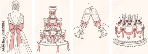 Elegant hand-drawn illustration set for wedding celebrations, featuring a bride's gown with a delicate pink bow, a luxurious tiered cake, and festive clinking champagne glasses, all conveying romance 