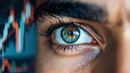 Analytical Gaze: A close-up view of an eye, meticulously scrutinizing financial charts, symbolizing a keen insight into investment decisions, market trends, and economic indicators.