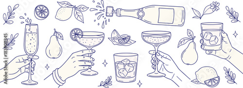 Hand drawn elegant cocktail and drink illustrations collection featuring various glassware, champagne bottle, citrus fruits, and hands holding beverages, perfect for menu designs, party invites, or ce