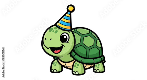 Cheerful cartoon turtle wearing a birthday hat for celebrations and party designs