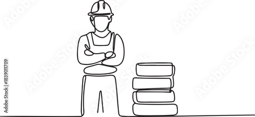 Continuous line drawing of construction worker standing with crossed arms next to a stack of concrete blocks