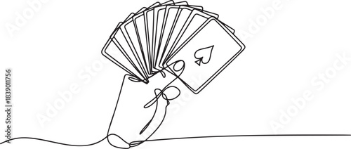 Continuous line drawing of hand holding playing cards showing poker or gambling concept