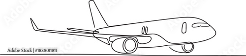 Continuous single line drawing of airplane commercial jet taking off or landing on airport runway aviation travel concept