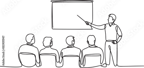 One continuous line drawing of business meeting training presentation seminar conference