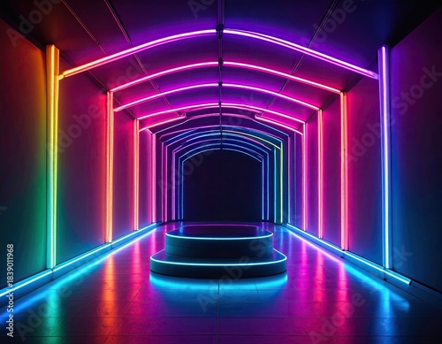 Wallpaper Mural Futuristic tunnel bathed in vibrant neon hues leading to an illuminated circular stage Torontodigital.ca