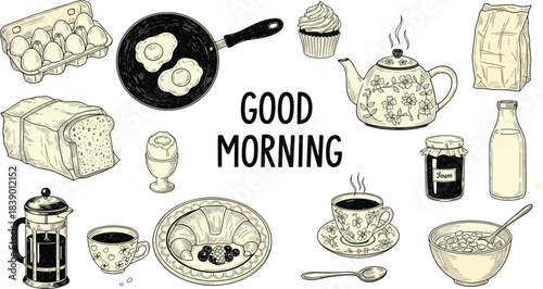 Good morning breakfast elements hand-drawn sketch set with fried eggs, bread, coffee, tea, jam, and sweets, depicting a cozy morning meal collection on a light background