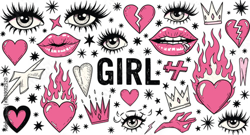 Hand drawn doodle sketch elements: expressive eyes, sensual lips, flaming hearts, broken hearts, crowns, stars, lightning, 'girl' text. punk feminine aesthetic for youth designs.