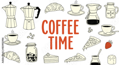 Hand-drawn coffee time collection featuring moka pots, pour-over, steaming cups, espresso, fresh croissants, sweet pastries, and pizza, ideal for cafe menus, web design, breakfast, or decorative eleme
