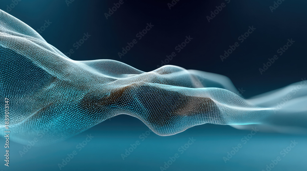 Naklejka premium Futuristic glowing abstract wave with blue mesh pattern, digital technology background, modern and dynamic energy flow