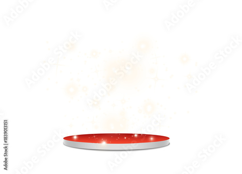 Red carpet podium with glowing golden light effects and sparkling abstract energy on transparent background.