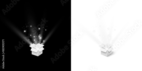 Magic glowing light burst and sparkling particles coming out of open gift box, with two versions on dark and transparent backgrounds.